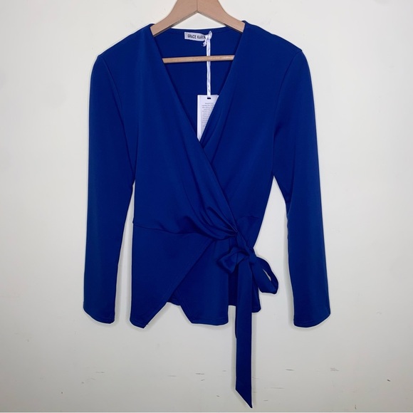 NWT Grace Karin Women’s Small Blue Wrap Long sleeve  Top With Tie Around Waist - Picture 3 of 14